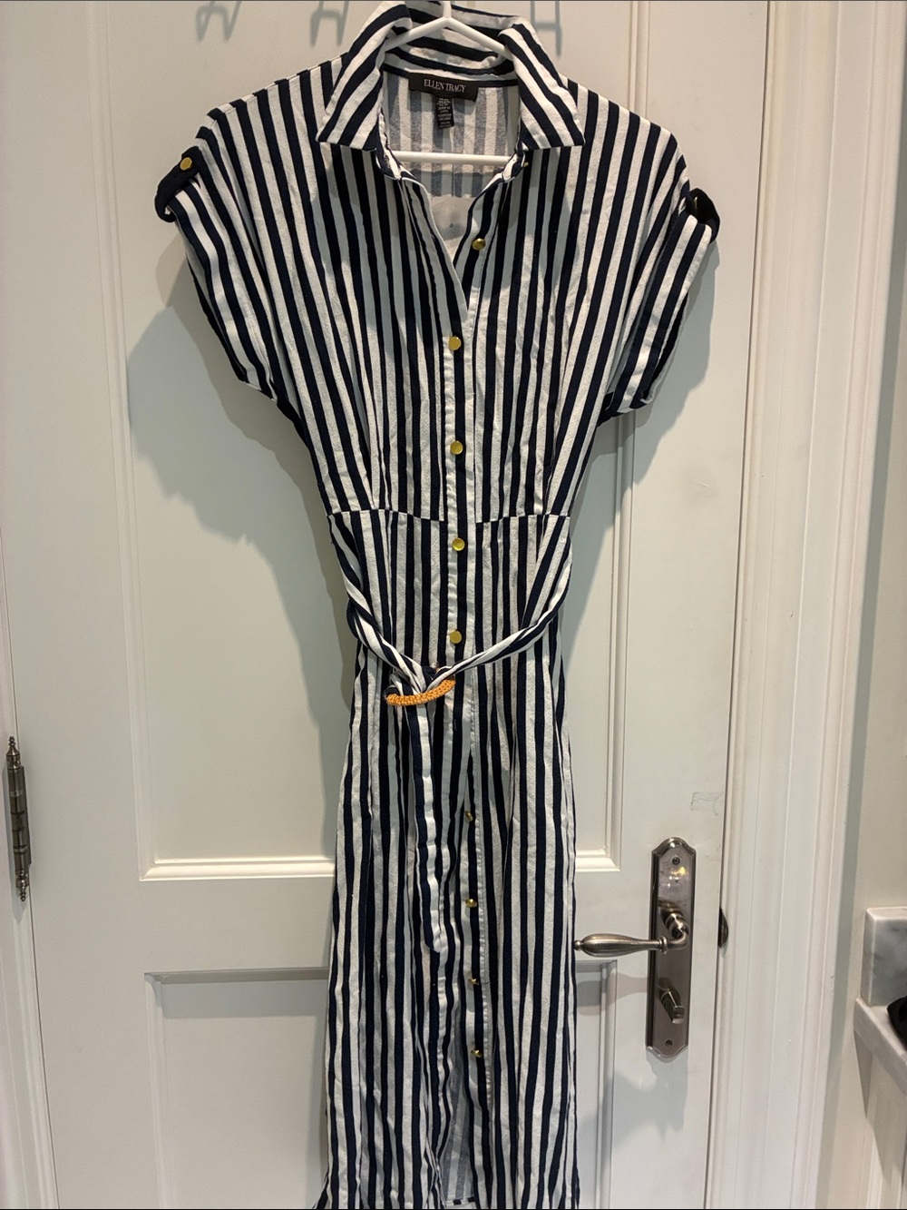 Ellen Tracy Navy and White Vertical-Stripe Button Shirt Dress